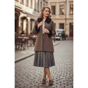 Alexandra Bartlett Women's 2XL Brown Wool Overcoat Faux Fur Collar Winter 1950's